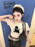 Summer Korean Vintage White Wave Point Cute Full Printed Puppy Short Sleeve T-Shirt Girl's Waist Showing Thin Shoulder Tide