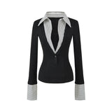 Korean Hottie Fake Two Long-Sleeved Shirt T-Shirt Spliced Fashion Pick-Up Waist Stripes Outside To Put On The Woman