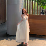 2026 New French Water-Light Wrinkled Skirt Hot Diamond Mesh Splicing Folding Dress Sanya Vacation Super Fairy