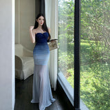 Gradient Blue Pure Holiday Style Niche High-End Sense Of The Ass Tail Tective Net Yarn Dress