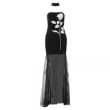 French Temperament High-Level Famous Lady Tset Thoracic Dress Women's Spring And Summer New Printed Mesh Splicing Bag Hip Dress