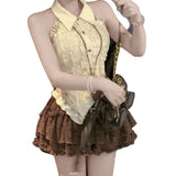 Summer Slimming Design Pure Lusty Sweet Sleeveless Hanging Neck Shirt Top + Half-Dress Skirt Set Woman