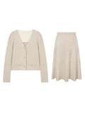 Soft-Cough Light Milk Tea Elegant Italian Cashmeal Knitted Blouse + Skirt Set