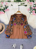 Spring And Autumn Retro National Style Temperament Long-Sleeved Round Collar Collar Embroidered Loose Shirt Female Air Doll Shirt