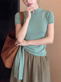 Korean Mint Green Tie Knitted Short-Sleeved T-Shirt Women's Summer High Sense Unique Beautiful Big Look Top