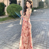 French Rose-Print Temperament Tie-Dye-Smeared Corset Dress Women Pure Desire To Cultivate The Holiday Wind Fishtail Long Skirt