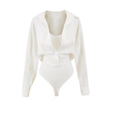 Korean White Fake Two-Piece Design Hottie Repair Long-Sleeved Hottie Sexy Conjoined Shirt Autumn