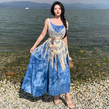Suspension Hooded Yunnan Tie Dyed Sleeveless Dress Super Fairy Seaside Vacation Sling Skirt National Style 2025 New