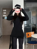Black Strap T-Shirt Women's Spring And Autumn New Bottom With A Long Design Feel Open Fork To The Waist Thin Top