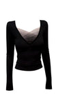 Autumn And Winter New Niche Design Han Spice Girls V-Neck Mesh Splicing Long-Sleeved Top Women To Collect Waist Thin Bottom T-Shirt