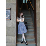 Summer Chic Set 2026 New Gray Round-Neck T-Shirt Tibetan Green Lattice Half-Dressed Two-Piece