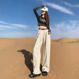 Korean Version Of Blue Denim Broad-Legged Trousers Women High-Waist Loose Thin Folds Design Straight Tug Trousers