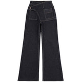 Deep Blue Retro Asymmetric Waist Seal Design Micro-Tipped Jeans Women 25 Years Autumn And Winter New Fake Two Broad-Legged Trousers