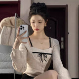 Pure Wind Design With Bow Slings Knitted Shirts Two Sets Of Women's Spring New Small Clothes On The Tide