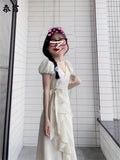 New Super Fairy Gentle Wind V-Neck Dress Holiday Wind Woman Waist Irregular Lotus Leaf Side First Love A Word Long Dress