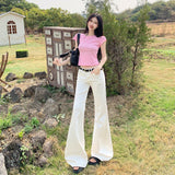 2025 Slim Horn Pants Retro Ice Blue Trumpet Jeans Women Design With A Sense Of Repairing Horseshoe Pants