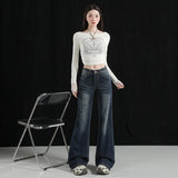 Micro-Rare Deep Blue Low-Rise Jeans Women Spring And Autumn Retro New Leisure Pants Deep Blue Trousers Cyanidbuting