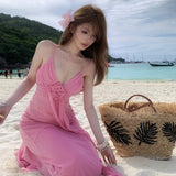 French Temperament Pure Dopamine Girl Powder Irregularly Drifted Tail Sling Long Skirt Atmosphere Feel Holiday Fairy Skirt