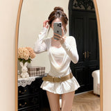 Fake Two-Piece Bottomed Shirt Woman 2026 New White Lace Long Sleeve High-Waisted Short Skirt Gentle Thin Temperament Two Sets