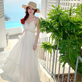French White Moon Hanging Neck-Lup Dress Sexy Pure Wind White Temperament Atmosphere Holiday Beach Dress