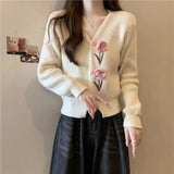Thick And Gentle Little Fragrant Style Short Knitted Cardigan Sweater Autumn New Sweet Three-Dimensional Flowers Pink Clothes