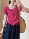 Simple Style Collar On Both Sides Of The Drawstring Short Sleeve 2025 Summer New Korean Version Of The Casual Temperament Pure Color T-Shirt Top