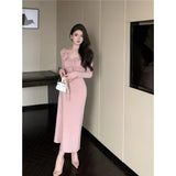 Spring And Autumn Lotus Edge Strapped Bottom Dress 2026 New Knitted But Hip Dress Women's Pink Dress