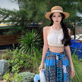 2025 Seaside Holiday Travel Wind Sun Wide Leg Trousers Mowing Floor + Bohemian Bikini Knitted Top