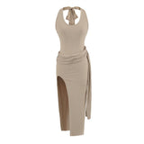 Strong Curry Hanging Neck Knitted Collar Dress Maid Sexyle Open Fork Bare Backpack Dress Dress Woman