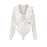 Korean White Fake Two-Piece Design Hottie Repair Long-Sleeved Hottie Sexy Conjoined Shirt Autumn