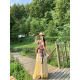 Xinjiang Sichuan West Travel Wearing Dopamine Yellow Lattice Folded Lace Yellow Skirt Three-Piece Set Of Women's Summer