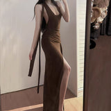 Strong Curry Hanging Neck Knitted Collar Dress Maid Sexyle Open Fork Bare Backpack Dress Dress Woman