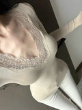 Autumn Pure Lust Lace Splicing V-Neck Waist Long Sleeve Bottom Shirt New Slimming Suit