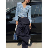 Korean Chic Niche Design Lace Skirts To Fake Two Straight Trousers Thin Deep Blue Jeans