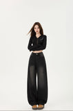 Mid-2025 New Dark Features Back Bag High-Waisted Broad-Legged Jeans Women Thin Straight-Tipped Loose Drag Trousers