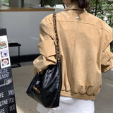 Korean Chic Autumn Vintage Maillard Clip Zipper Loose Casual Imitation Deer Sleevet Jacket Jacket