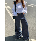 Vintage Deep Blue Striped Broad-Legged Jeans Loose Casual Straight Tug Trousers & Lengthy Vintage