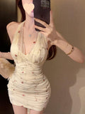 Pure Lust Wind Holiday Wind Hanging Neck Deep Dress Female Summer De Shredded Flower Babes Bag Ass Short Dress Dopamine Skirt