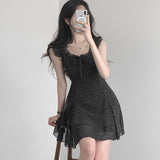Korean Sweet Girl Wave Point Small Flying Sleeve Lotus Leaf Lace Waist Chiffon Dress Small Thin Short Dress