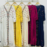 Vintage National Style Embroidery V-Neck Drawstring Dress Summer Fat Mm Cotton Tample Skinny Holiday Dress Girl