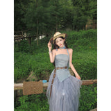 Sichuan Xinjiang Original Tourism Wearing Summer Blue To Wipe The Chest Irregular Net Yarn Skirt Suit