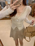 You/Ambience Fabric Fake Two Lace Splicing Knit Top Soft-Haired Sheep Wool V-Neck Knitted Shirt Girl