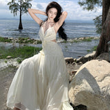 2025 French Heavy Industry Dress Swizzling Pure-Color Butterfly Sling Dress Two-Color Female Sanya Holiday Dress