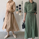 Real Shooting Japanese And Korean Fashion Dress Women's Double Pocket Long Sleeve Long Casual Collar Dress Shirt Dress 7 Colors
