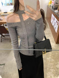 Black Body Ribbon De-Yvet Bottom Shirt Women Spring And Autumn New Design Feel Shoulder Tidling Shoulder Tide