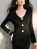 Luxury Shiny Silk Mordell Double-Sided Knitting | Irregular Metal Buckle Body V-Neck Knitting Set