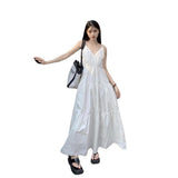 Summer New Seaside Wind V Tie Dress Women Thin White Dress French Beach Skirt