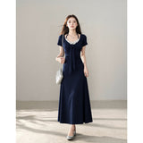 2026 Summer Short-Sleeved Dress Female Design Sense Hanging Neck French Retro Temperament Waist Show Lanky Skirt