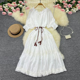 Bohemian Holiday Style Dress 2025 New Ins Travel Skirt Sweet Bubble Sleeve Splicing Tuxedo Dress