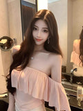 Summer Korean Pure-Want Style Short Repair Slim Thin Chest Bare Shoulder Coat Pink Lotus Leaf Side Shoulder T-Shirt Girl